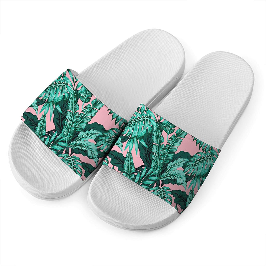 Teal Banana Leaves Pattern Print White Slide Sandals