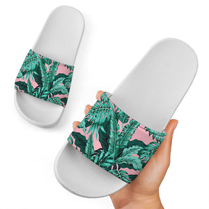 Teal Banana Leaves Pattern Print White Slide Sandals