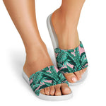 Teal Banana Leaves Pattern Print White Slide Sandals