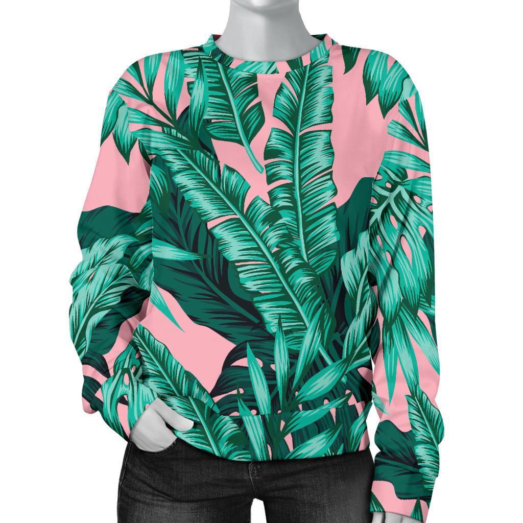 Teal Banana Leaves Pattern Print Women's Crewneck Sweatshirt GearFrost