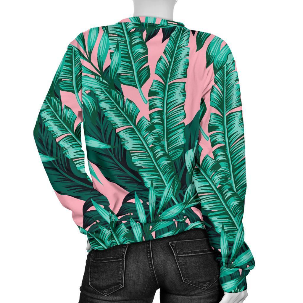 Teal Banana Leaves Pattern Print Women's Crewneck Sweatshirt GearFrost