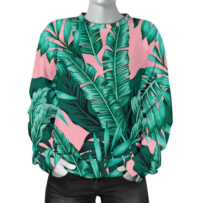 Teal Banana Leaves Pattern Print Women's Crewneck Sweatshirt GearFrost