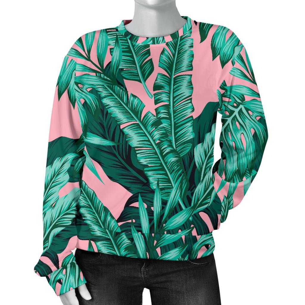 Teal Banana Leaves Pattern Print Women's Crewneck Sweatshirt GearFrost