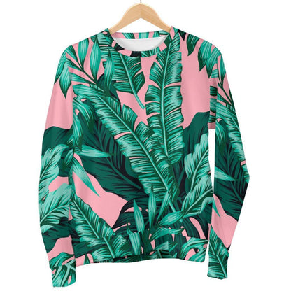 Teal Banana Leaves Pattern Print Women's Crewneck Sweatshirt GearFrost