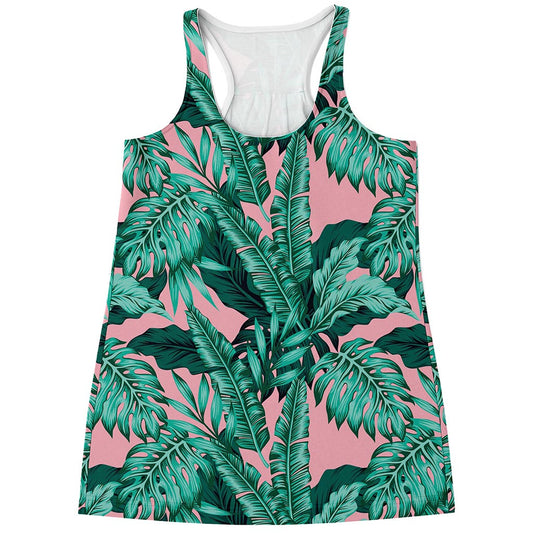 Teal Banana Leaves Pattern Print Women's Racerback Tank Top