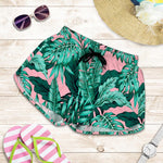 Teal Banana Leaves Pattern Print Women's Shorts