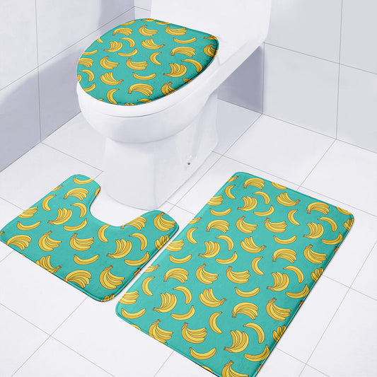 Teal Banana Pattern Print 3 Piece Bath Mat Set