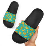 Teal Banana Pattern Print Black Slide Sandals