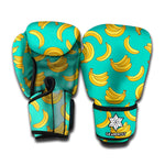 Teal Banana Pattern Print Boxing Gloves