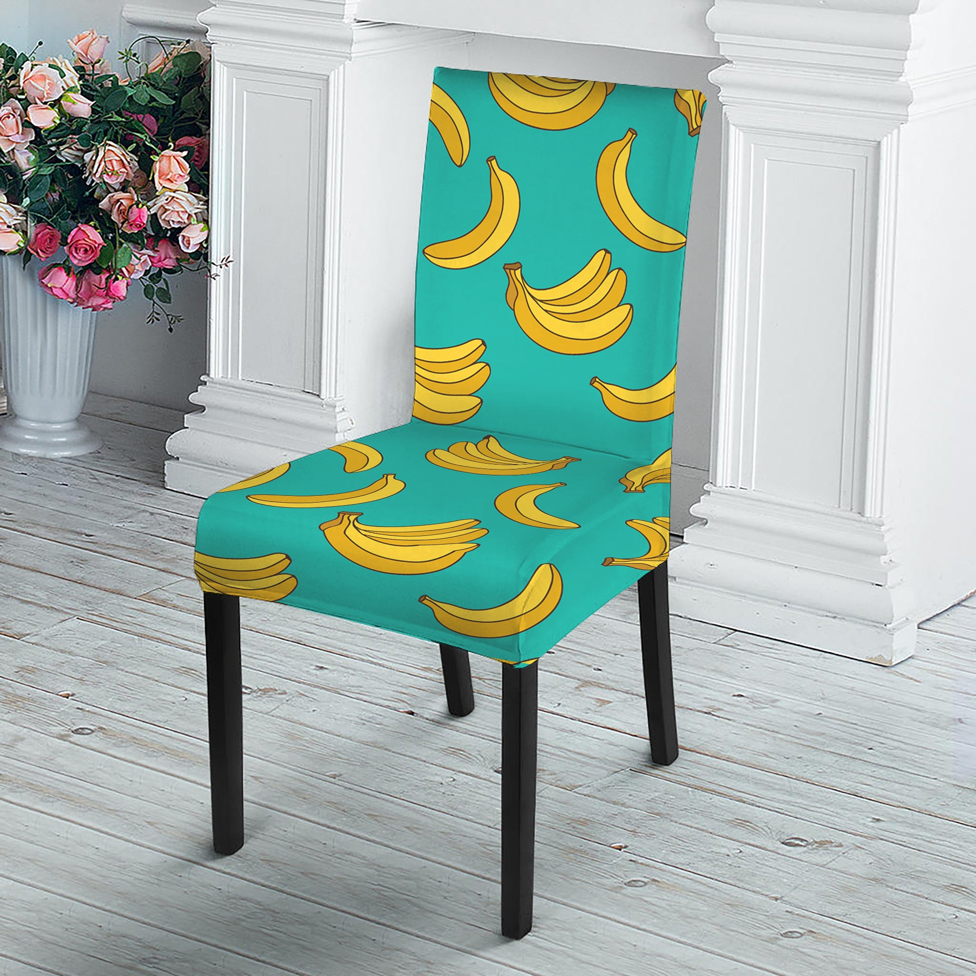 Teal Banana Pattern Print Dining Chair Slipcover