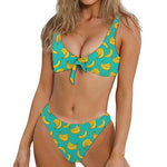 Teal Banana Pattern Print Front Bow Tie Bikini