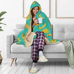 Teal Banana Pattern Print Hooded Blanket