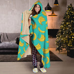 Teal Banana Pattern Print Hooded Blanket