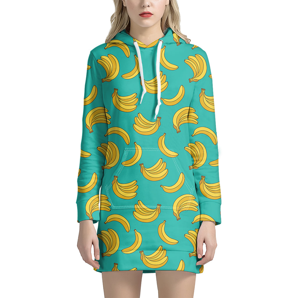 Teal Banana Pattern Print Hoodie Dress