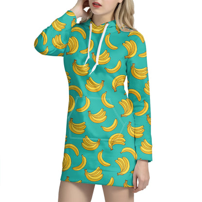 Teal Banana Pattern Print Hoodie Dress