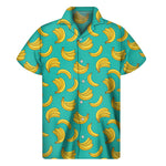 Teal Banana Pattern Print Men's Short Sleeve Shirt