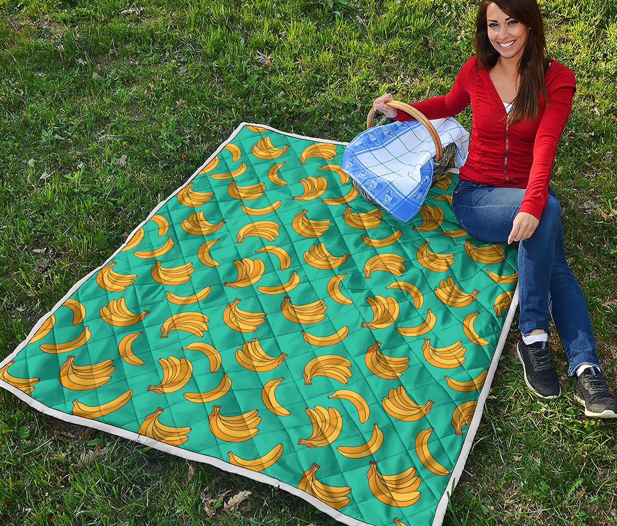 Teal Banana Pattern Print Quilt