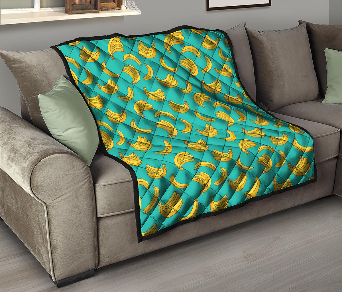 Teal Banana Pattern Print Quilt