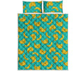 Teal Banana Pattern Print Quilt Bed Set