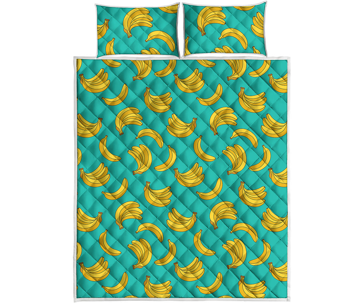 Teal Banana Pattern Print Quilt Bed Set