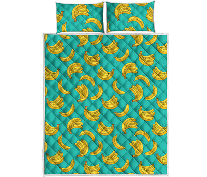 Teal Banana Pattern Print Quilt Bed Set