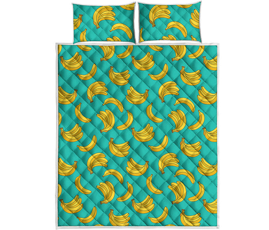 Teal Banana Pattern Print Quilt Bed Set