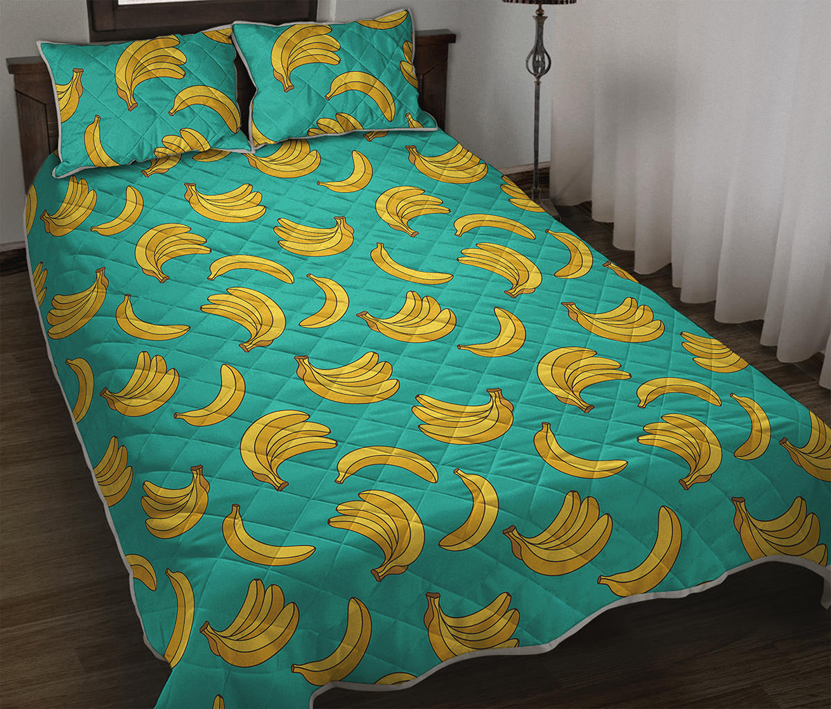 Teal Banana Pattern Print Quilt Bed Set