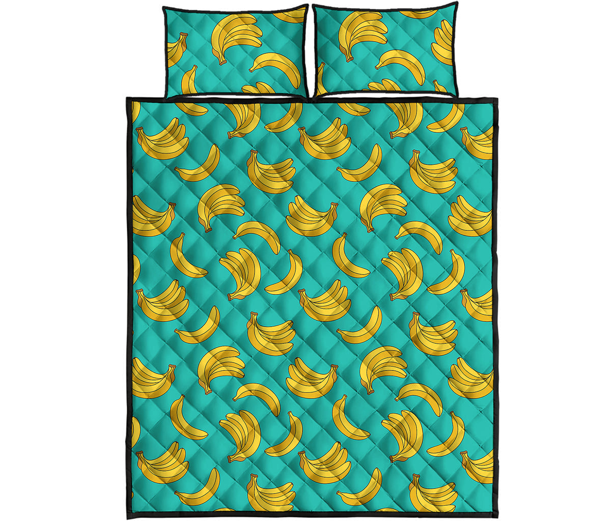 Teal Banana Pattern Print Quilt Bed Set