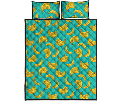 Teal Banana Pattern Print Quilt Bed Set