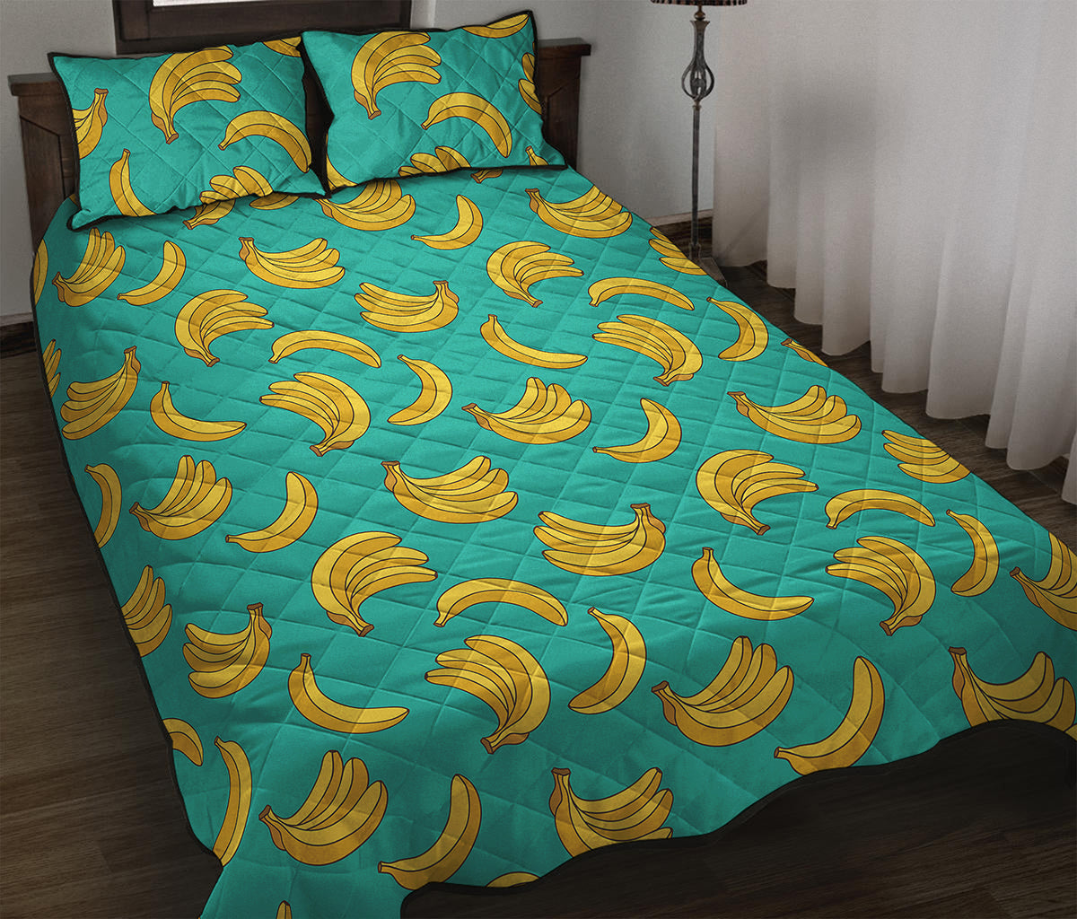 Teal Banana Pattern Print Quilt Bed Set
