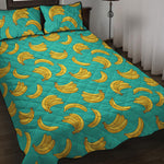Teal Banana Pattern Print Quilt Bed Set