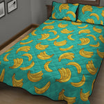 Teal Banana Pattern Print Quilt Bed Set