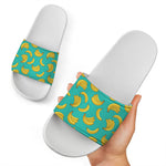 Teal Banana Pattern Print White Slide Sandals
