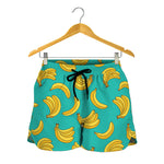 Teal Banana Pattern Print Women's Shorts