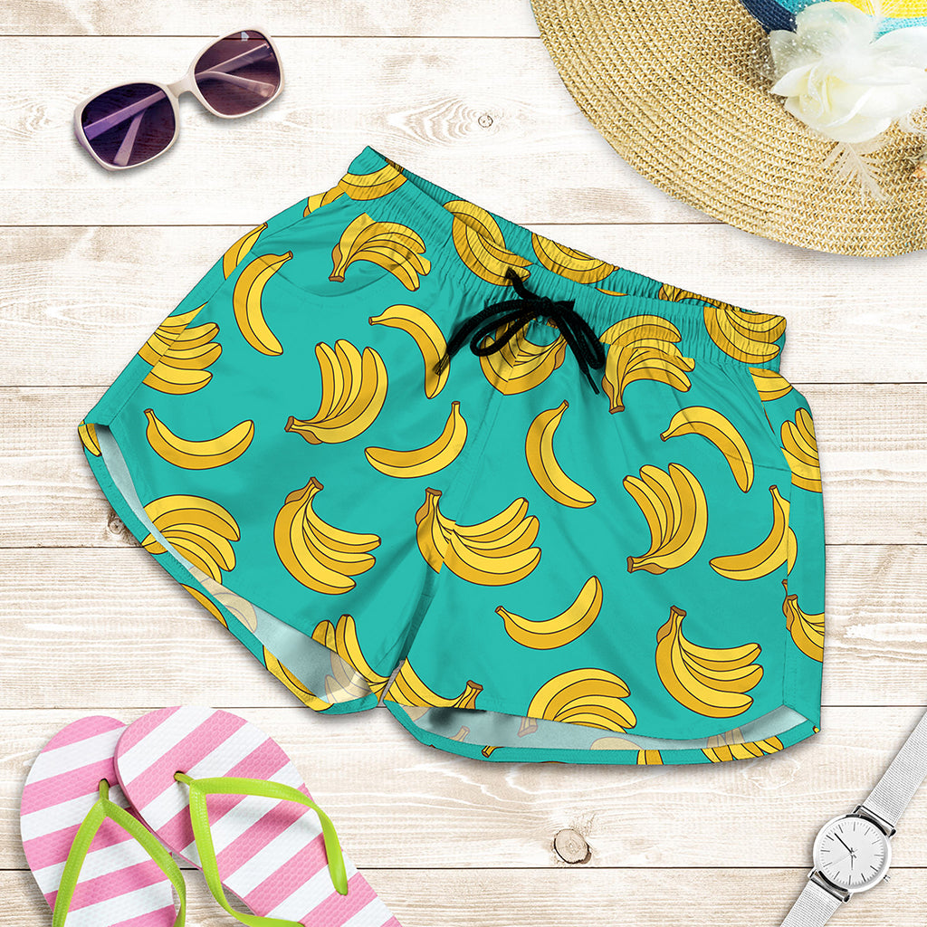 Teal Banana Pattern Print Women's Shorts
