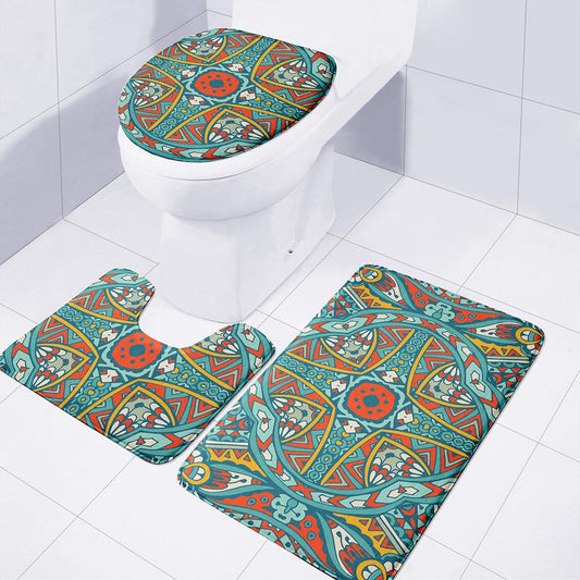 Teal Bohemian Mandala Pattern Print 3 Piece Bath Mat Set