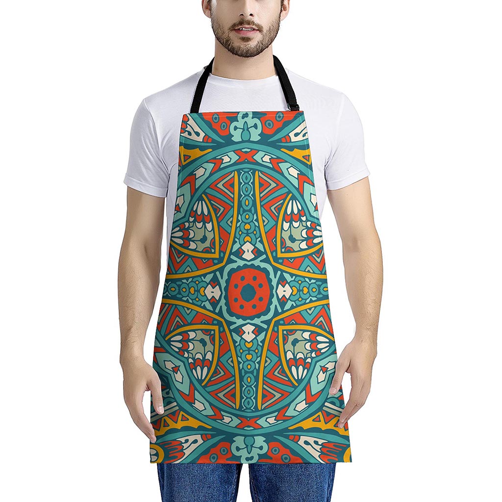 Teal Bohemian Mandala Pattern Print Apron