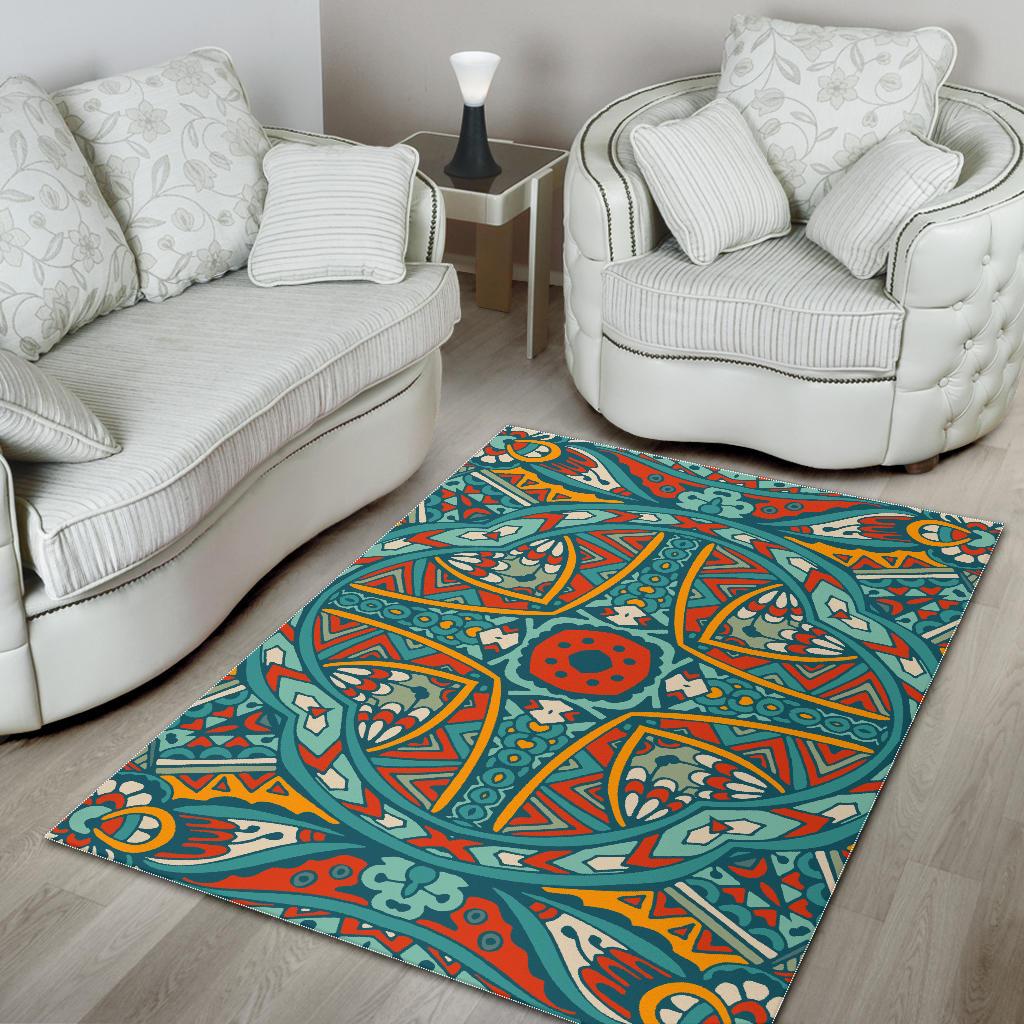 Teal Bohemian Mandala Pattern Print Area Rug GearFrost
