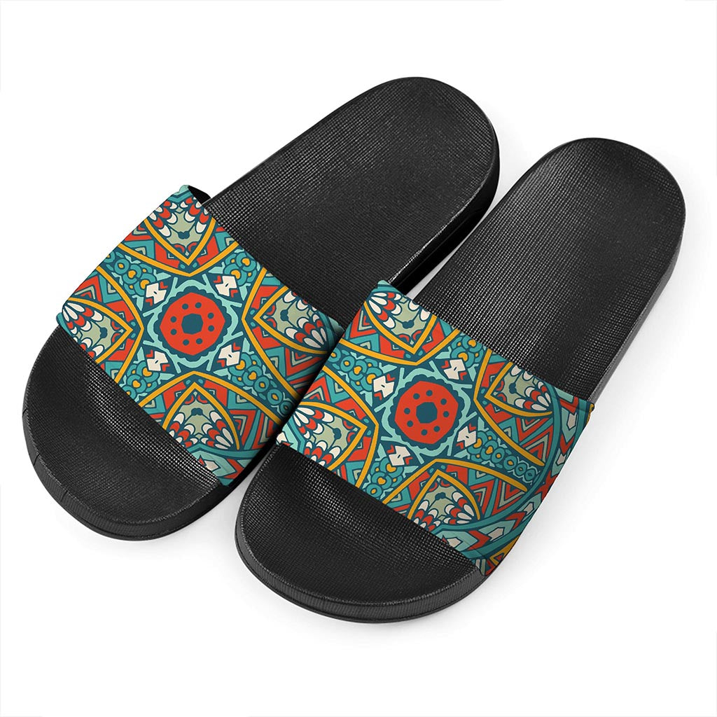 Teal Bohemian Mandala Pattern Print Black Slide Sandals