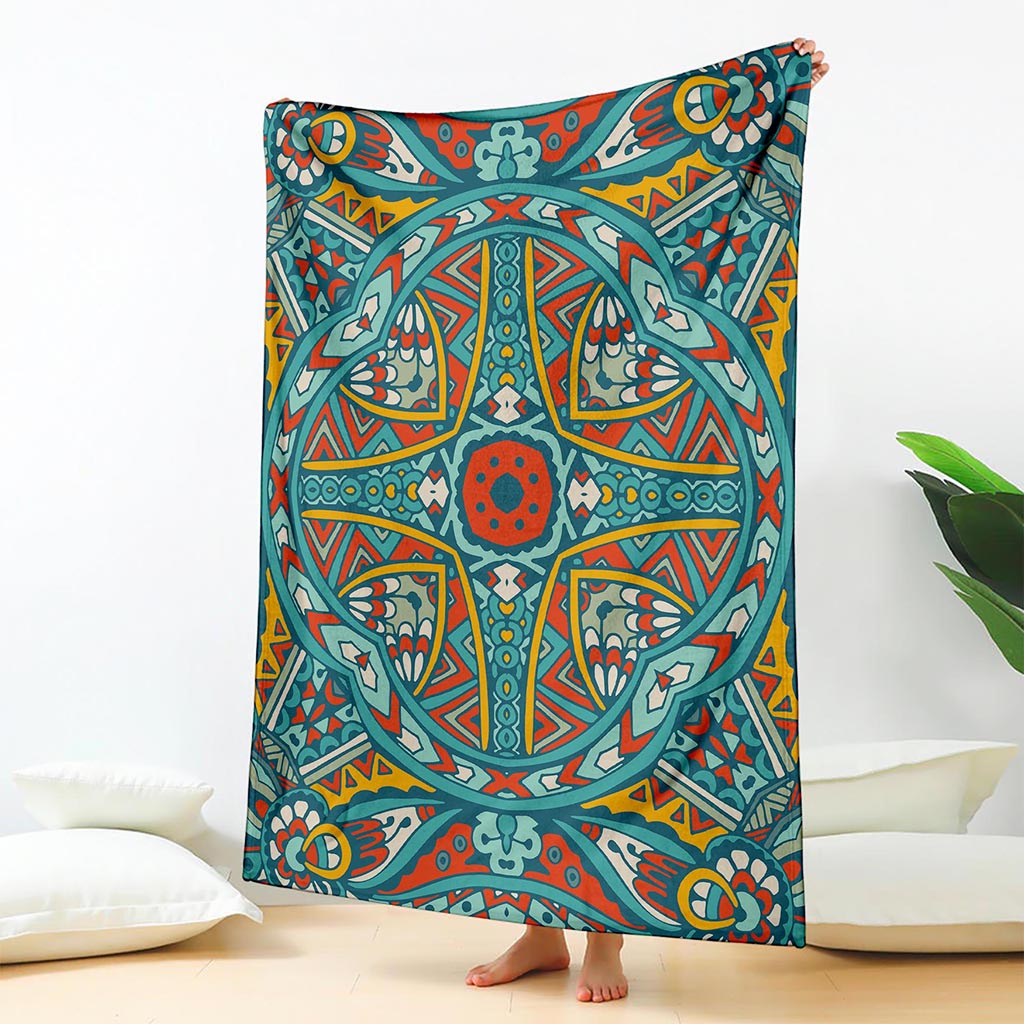 Teal Bohemian Mandala Pattern Print Blanket