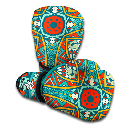 Teal Bohemian Mandala Pattern Print Boxing Gloves
