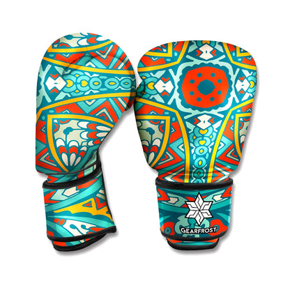 Teal Bohemian Mandala Pattern Print Boxing Gloves