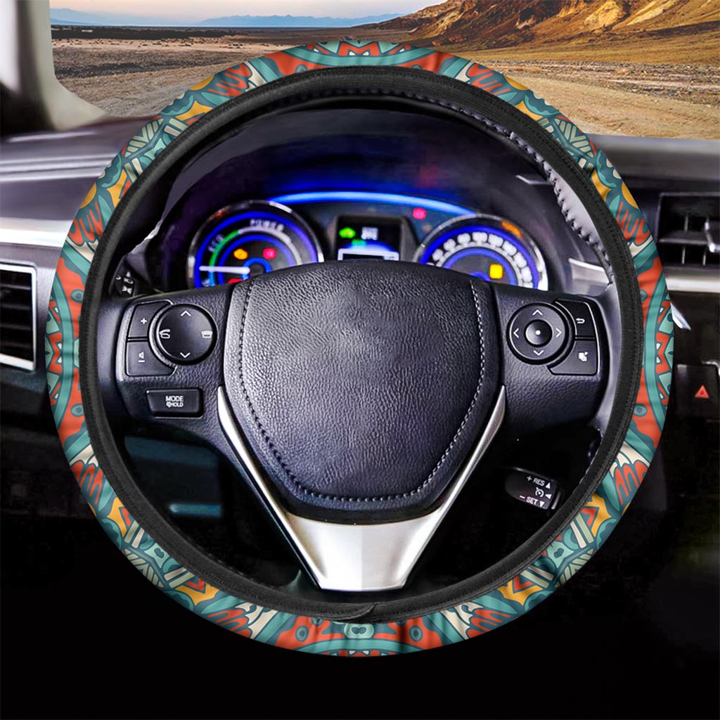 Teal Bohemian Mandala Pattern Print Car Steering Wheel Cover