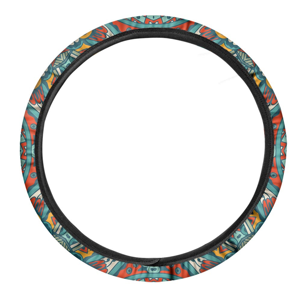 Teal Bohemian Mandala Pattern Print Car Steering Wheel Cover