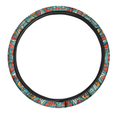 Teal Bohemian Mandala Pattern Print Car Steering Wheel Cover
