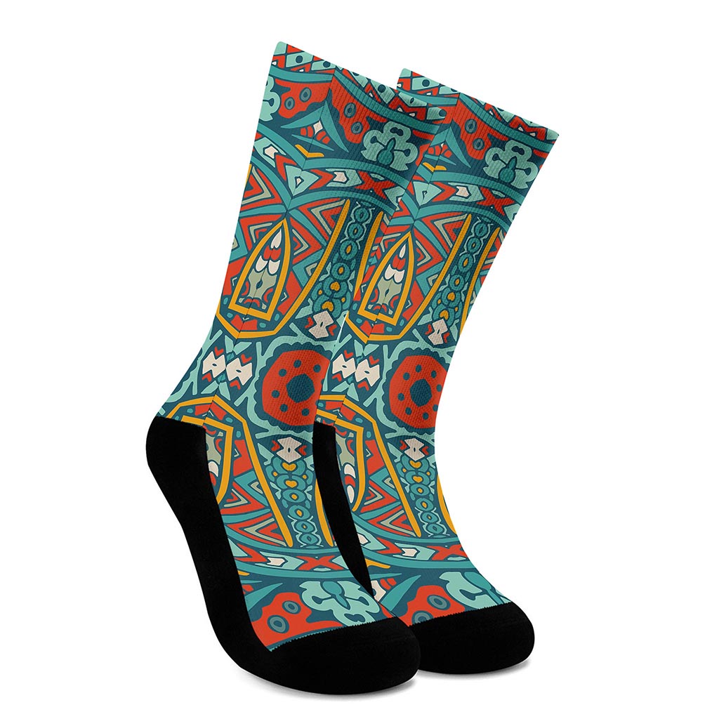 Teal Bohemian Mandala Pattern Print Crew Socks