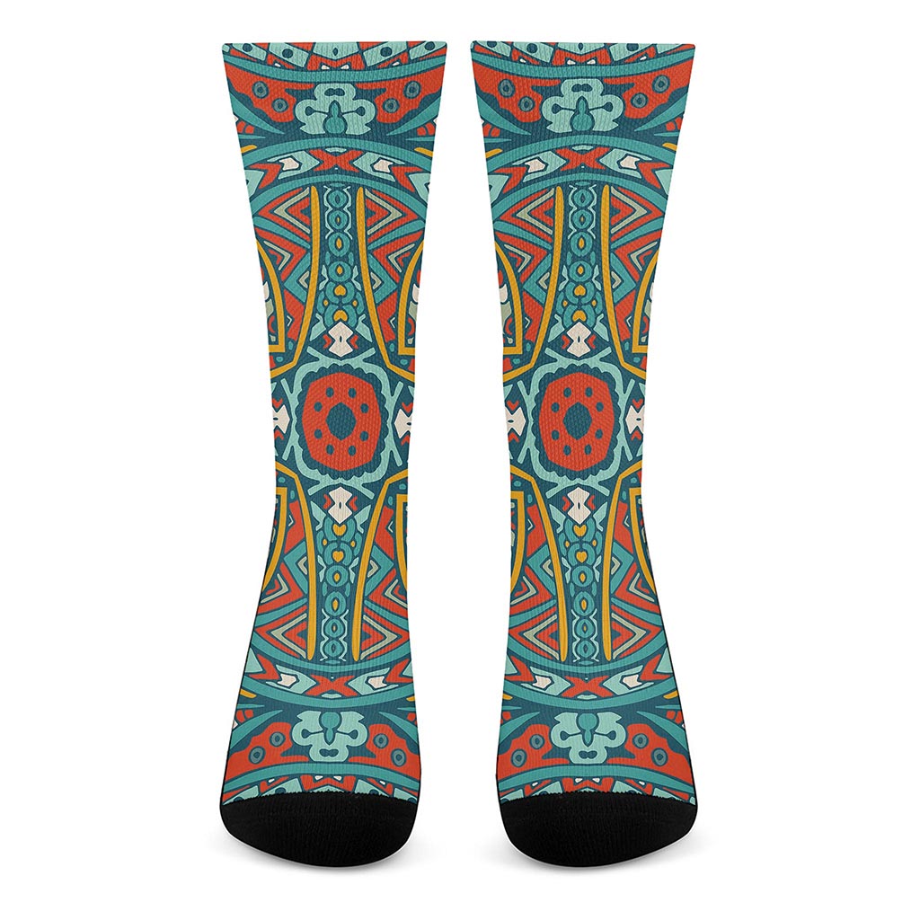 Teal Bohemian Mandala Pattern Print Crew Socks