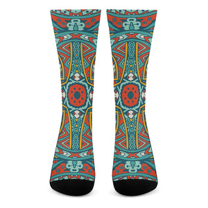 Teal Bohemian Mandala Pattern Print Crew Socks