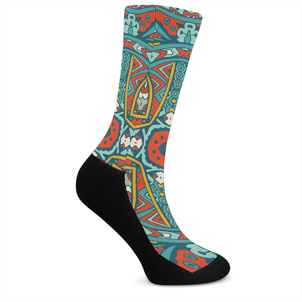 Teal Bohemian Mandala Pattern Print Crew Socks