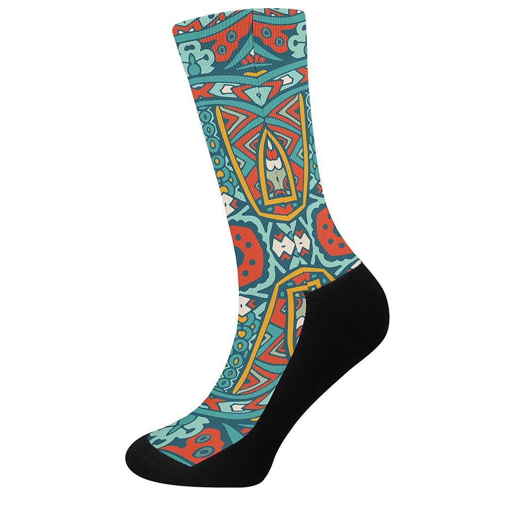 Teal Bohemian Mandala Pattern Print Crew Socks